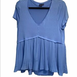 Kaari Blue blouse flutter waist pleated V-neck short sleeve loose fit Sz LG
